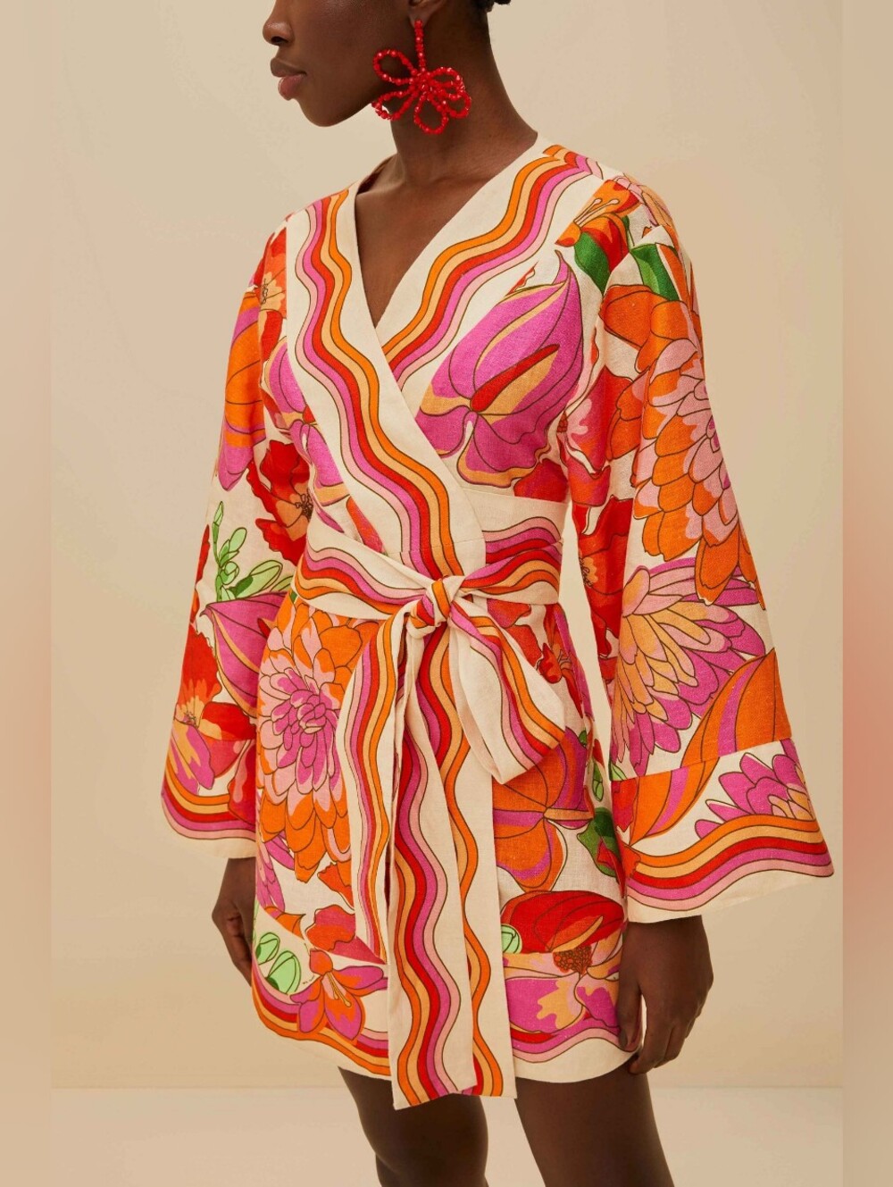 FARM Rio Bright Floral Tie-Front Kimono in Pink & Orange Linen Boho BNWOT